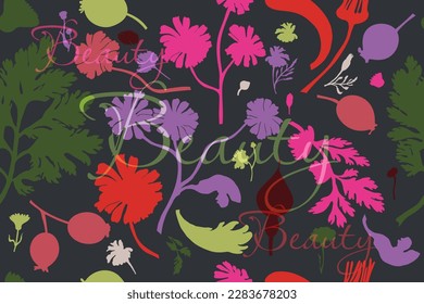 Nahtloses Muster mit Silhouetten aus Gartenblumen. Farbige Blumenteile sind einzeln auf dunklem Hintergrund. Handgezeichnete Teile der Ringelblume, Kalendula, Kamille, Rosenfrüchte und ein Wort darüber.