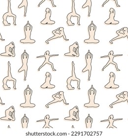 Patrón sin foco con siluetas de niñas haciendo yoga. El concepto de deporte, salud mental. Colección de pegatinas. Imagen del vector