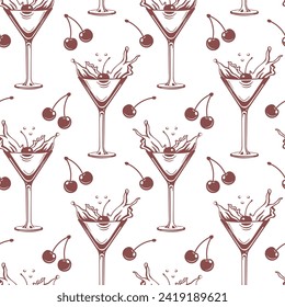 Seamless pattern, silhouettes of glasses with cocktail, olives and cherries. Splash of cocktails. Line art, vector