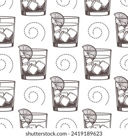 Seamless pattern, silhouettes of glasses with cocktail, olives and cherries. Splash of cocktails. Line art, vector