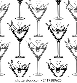 Seamless pattern, silhouettes of glasses with cocktail, olives and cherries. Splash of cocktails. Line art, vector