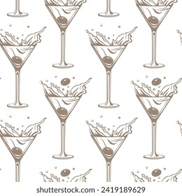 Seamless pattern, silhouettes of glasses with cocktail, olives and cherries. Splash of cocktails. Line art, vector