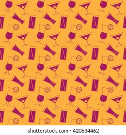 Seamless pattern with silhouettes of glasses, lemons and cherry