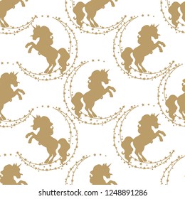 Seamless pattern with silhouettes of golden unicorns and stars on a white background. Background for children's clothing and textiles.