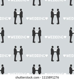 Seamless pattern with silhouettes of the grooms, hearts and words Wedding. Same-sex marriage. Vector illustration