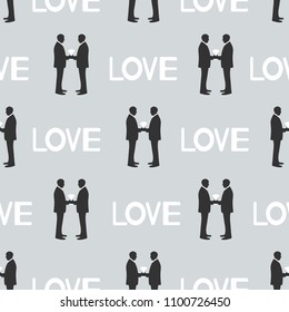 Seamless pattern with silhouettes of the grooms and words Love. Same-sex marriage. Vector illustration