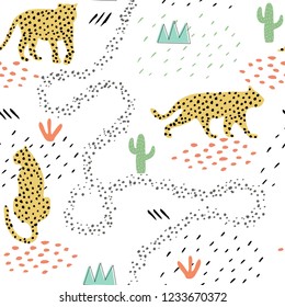 Seamless pattern with silhouettes of hand drawn spots leopards. Trendy wild animals texture for kids fabric, textile, apparel, wrapping. Creative vector illustration. Childish jungle wallpaper.