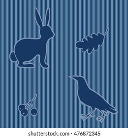 Seamless pattern with silhouettes of hare, crow, berries, oak leaves in striped background. Monochrome.