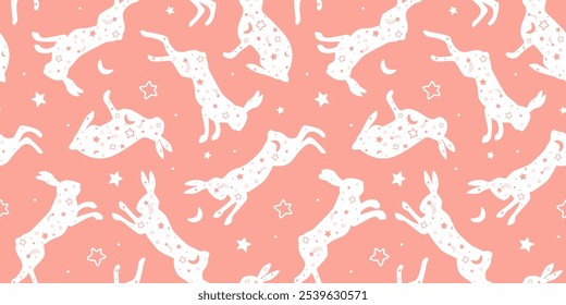 Seamless pattern with silhouettes of hares on a background of stars. Vector graphics.