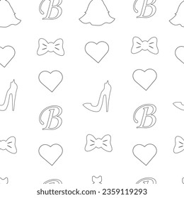  Seamless pattern with silhouettes of a heart, dress, hair bow, women's shoes on a white background.