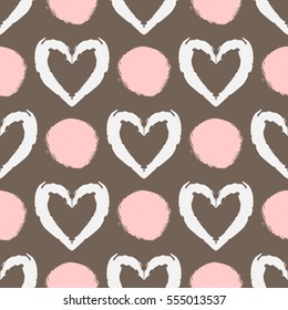 Seamless pattern with silhouettes of hearts and abstract stains painted rough brush. Repeated grunge texture.  White, pink, brown.