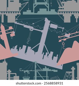 Seamless pattern with silhouettes of heavy lifting port and construction cranes, loaders and oil platforms. Trade, business, import, export, industrial and logistics concept. 