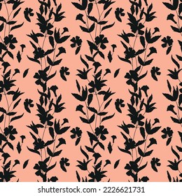 Seamless pattern of silhouettes of herbs and flowers. Botanical elements are drawn by hand with ink.