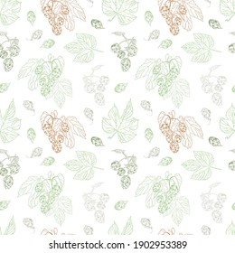 Patrón sin foco de siluetas de plantas de lúpulo. Ilustraciones interminables de plantas, tallos, hojas dibujadas a mano por vectores. Para menús, recetas, folletos o invitaciones.
