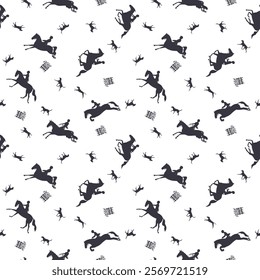 Seamless pattern with silhouettes of horse riders, hunting dogs, on a white background, inspired by traditional hunting themes and equestrian motifs