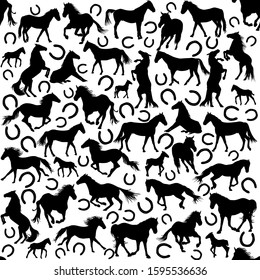 Seamless pattern with silhouettes of horses and horseshoes
