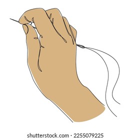Seamless pattern. Silhouettes of human hands with a needle threading through the eye of a needle in a modern style in one line. Solid line, sketches, stickers, logo. Set of vector illustrations