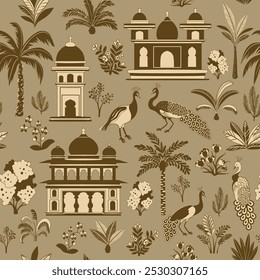 Seamless pattern with silhouettes of Indian gardens design elements set, garden trees, palms, peacock architectural arches and palaces.