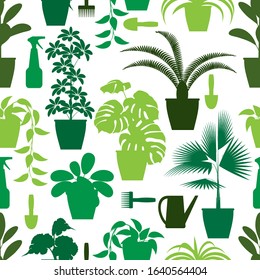 seamless pattern of silhouettes of indoor plants in various shades of green on a white background. silhouette highlights the characteristic features of each plant. the flat pattern. vector .