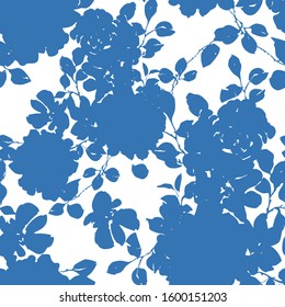 Seamless pattern with silhouettes of large roses. Flat opulent botanical illustration in vintage style. Floral decoration texture. Fashionable template for fabric, textile, wallpaper and clothes.