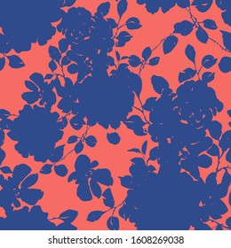 Seamless pattern with silhouettes of large roses. Flat opulent botanical illustration in vintage style. Floral decoration texture. Fashionable template for fabric, textile, wallpaper and clothes.