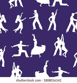 Seamless pattern with silhouettes of Latin American, Spanish and ballroom dancers. For the design of textiles, printing products, wallpaper, wrapping paper