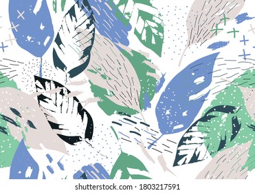 Seamless pattern of silhouettes of leaves surrounded by lines, crosses and blots on a white background.
