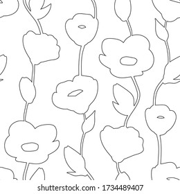 seamless pattern with silhouettes of a linear curly flowers. black and white style. Modern design for clothes, packaging, paper, cover, fabric, interior decor