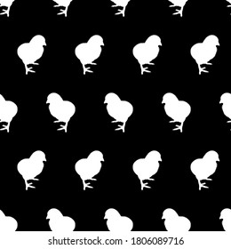 Nahtloses Muster. Silhouetten von kleinen süßen Hühnern. Dekorativer Hintergrund. Hausvogel. Bauerntierserie. Vektorgrafik von Geflügel. Schwarz-Weiß-Grafik. Vintage-Skizze.