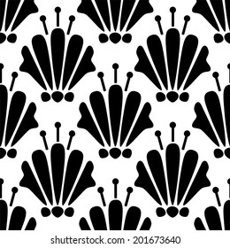 Seamless pattern with silhouettes lotus flowers in black and white. Floral abstract monochrome repeating background. Endless print texture. Fabric design. Wallpaper - vector 