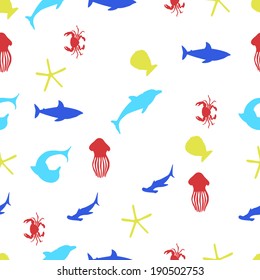 Seamless pattern with silhouettes of marine life on a white background.