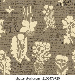 Seamless pattern with silhouettes of medicinal herbs and handwritten text Lorem Ipsum in retro style. Vector background on the theme of herbal medicine. Wallpaper, wrapping paper or fabric design