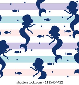 Seamless pattern with silhouettes of mermaids, stars, fishes.