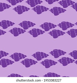 siluetas de patrón sin soldadura de moluscos con cáscara de espiral, conchas de concha púrpura en ilustración vectorial de fondo púrpura claro