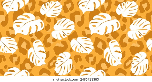 Patrón sin fisuras con siluetas de hojas de monstruo sobre un fondo de impresión animal. Manchas de leopardo exótico con plantas. Gráficos de Vector.