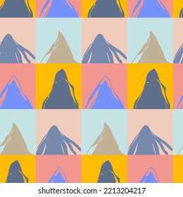 Seamless pattern with silhouettes of mountains on a multi-colored background. Illustration in pop art style. Blue and pink colors. Abstract ornament in a simple style.