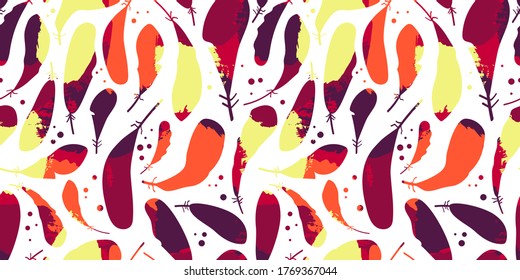 seamless pattern with silhouettes of multi-colored feathers on a white background. texture effect. for packaging, paper, fabric. print for clothes and holiday