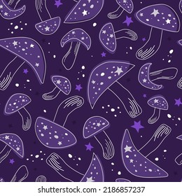 Seamless pattern with silhouettes of mushrooms in the starry sky. Cosmic magic fly agarics in space. Vector graphics.