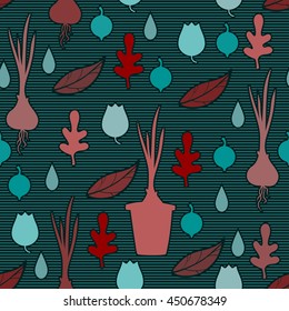 Seamless pattern with silhouettes of onion in the pot, berries, oak leaves, raindrops, bellflower in striped background.