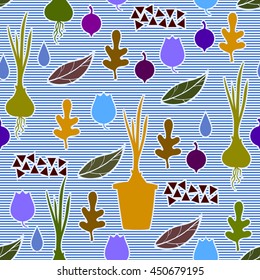 Seamless pattern with silhouettes of onion in the pot, berries, oak leaves, raindrops, bellflower in striped background.
