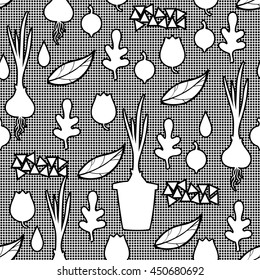 Seamless pattern with silhouettes of onion in the pot, berries, oak leaves, raindrops, bellflower in checkered background. Blacknwhite.