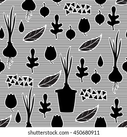 Seamless pattern with silhouettes of onion in the pot, berries, oak leaves, raindrops, bellflower in striped background. Blacknwhite.