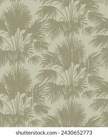 Seamless pattern with silhouettes of palm trees with vintage aged texture. Vector floral background. Delicate gray-green color.