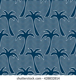Seamless pattern with silhouettes of palm trees in wavy lined background.