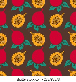 Seamless pattern with silhouettes passion fruits and leafs. Floral repeating background. Natural print texture. Cloth design. Wallpaper 