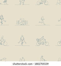 Seamless pattern with silhouettes of people in park. Continuous line drawing of lovers, cyclists, jogging, beach games. Beige cream background. Vector illustration for fabric, prints, t-shirts