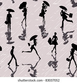 Seamless pattern with silhouettes of people with umbrellas in a rainy day