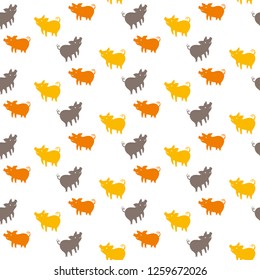 Seamless pattern of silhouettes pigs. Cartoon yellow, brown and red piglets background. Vector template isolated on white.