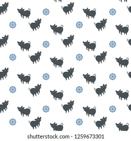 Seamless pattern of silhouettes pigs and round snowflakes. Vector template isolated on white.