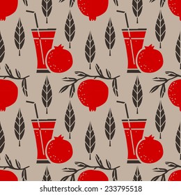 Seamless pattern with silhouettes pomegranate fruits, leaves and glass of juice. Floral repeating background. Natural print texture. Cloth design. Wallpaper 